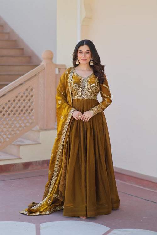 Fendy Fabric Designer Gown with Dupatta – Wedding Mehendi Wear