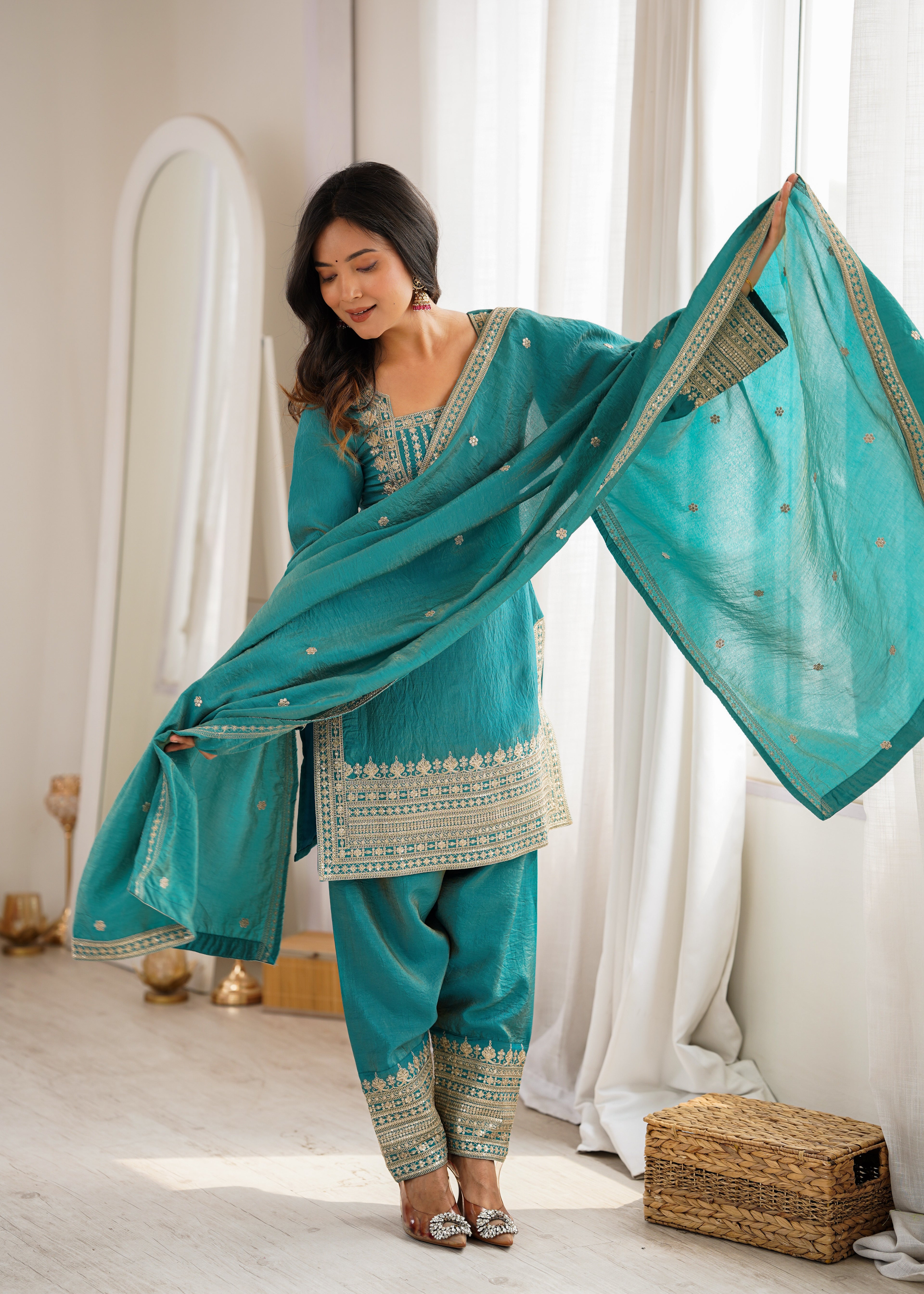 Seagreen Vichitra Silk Embroidered Top with Farshi Shalwar & Dupatta – Festive Wedding Wear