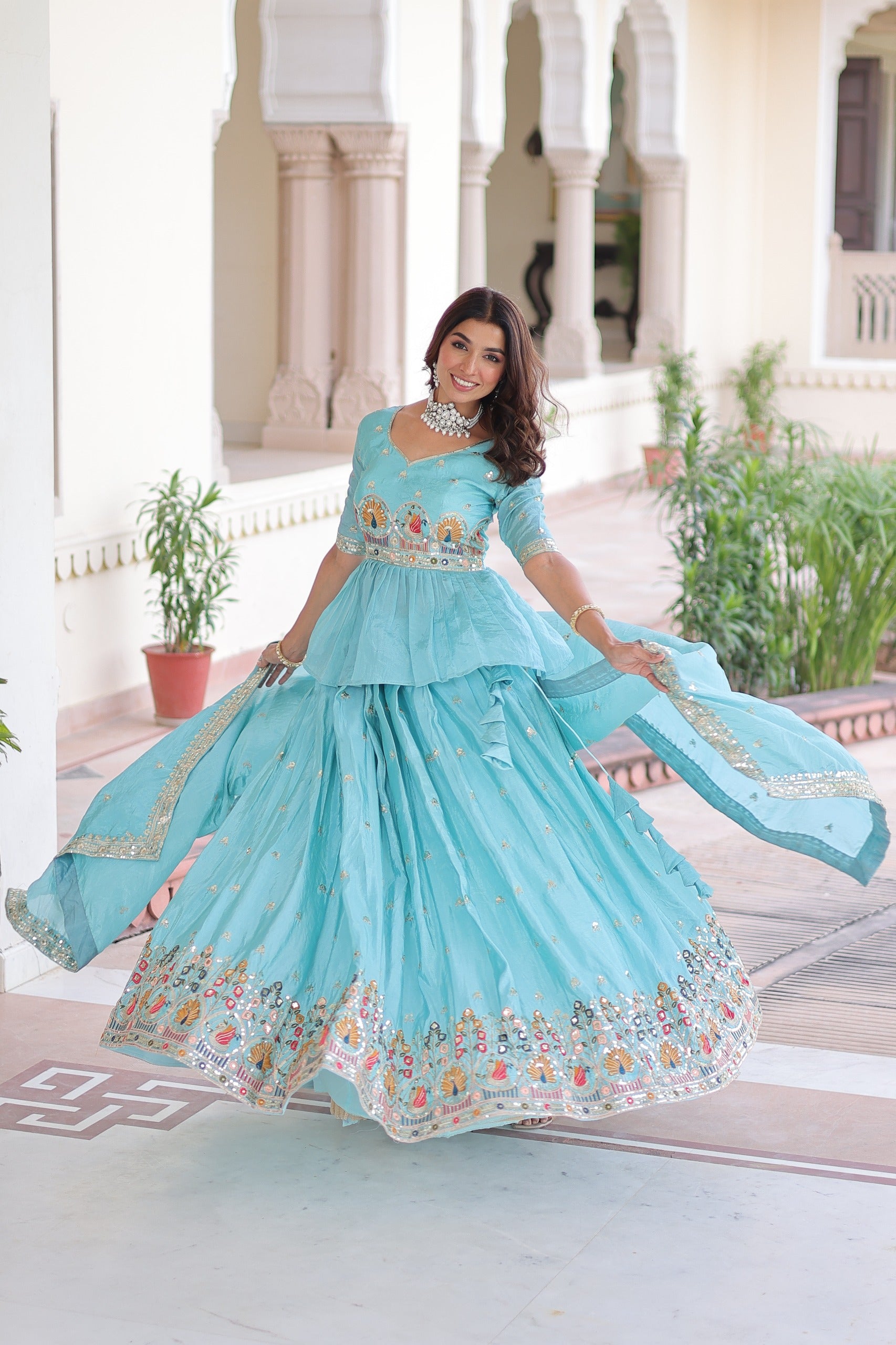 Gold Crush Peplum Bridal Lehenga Choli with Dupatta – Wedding Reception