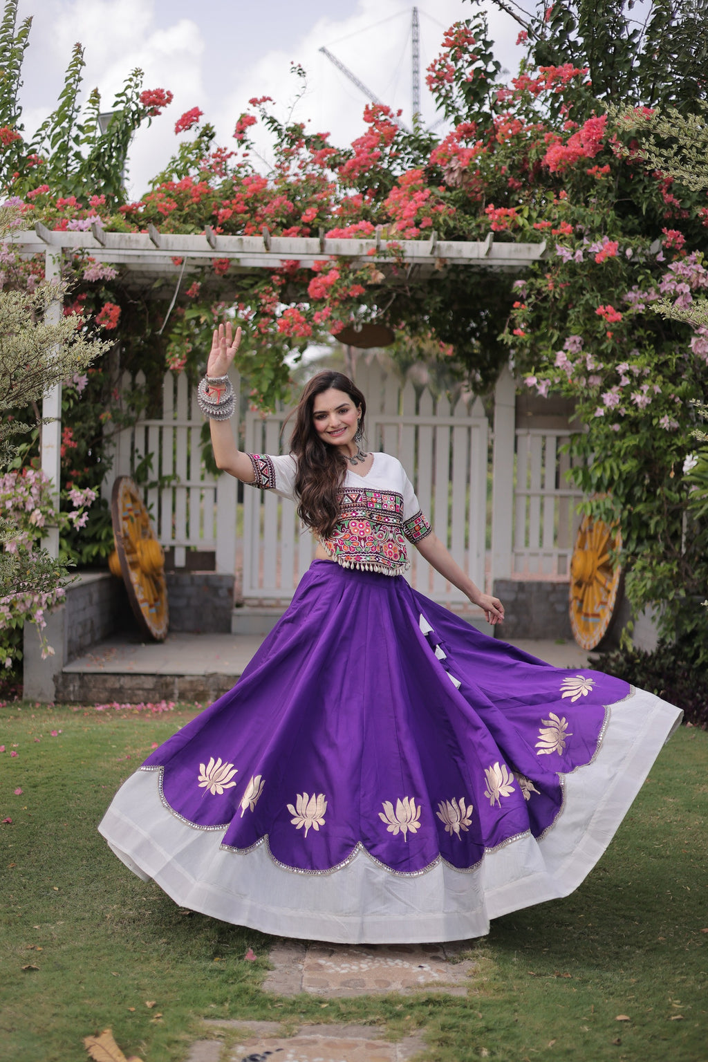 Navratri Roman Lehenga with Kutchi Gamthi Top – Garba Sangeet Wear