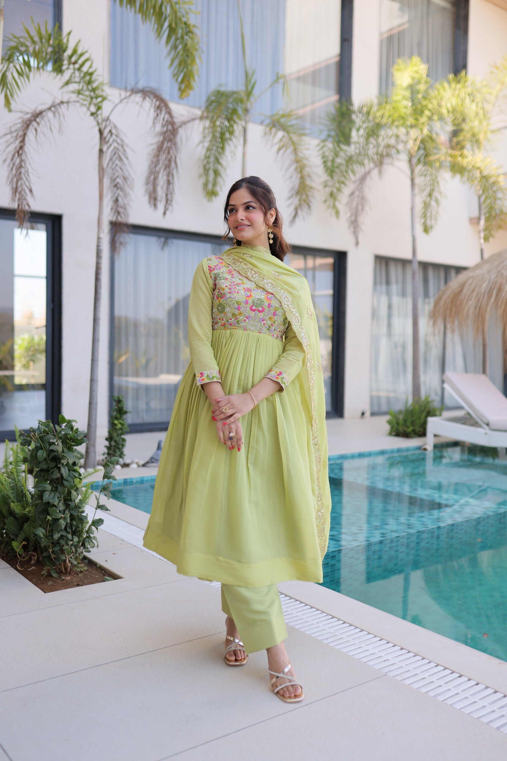 Mal Chanderi Gown with Pant & Dupatta Set – Festive Party Wear