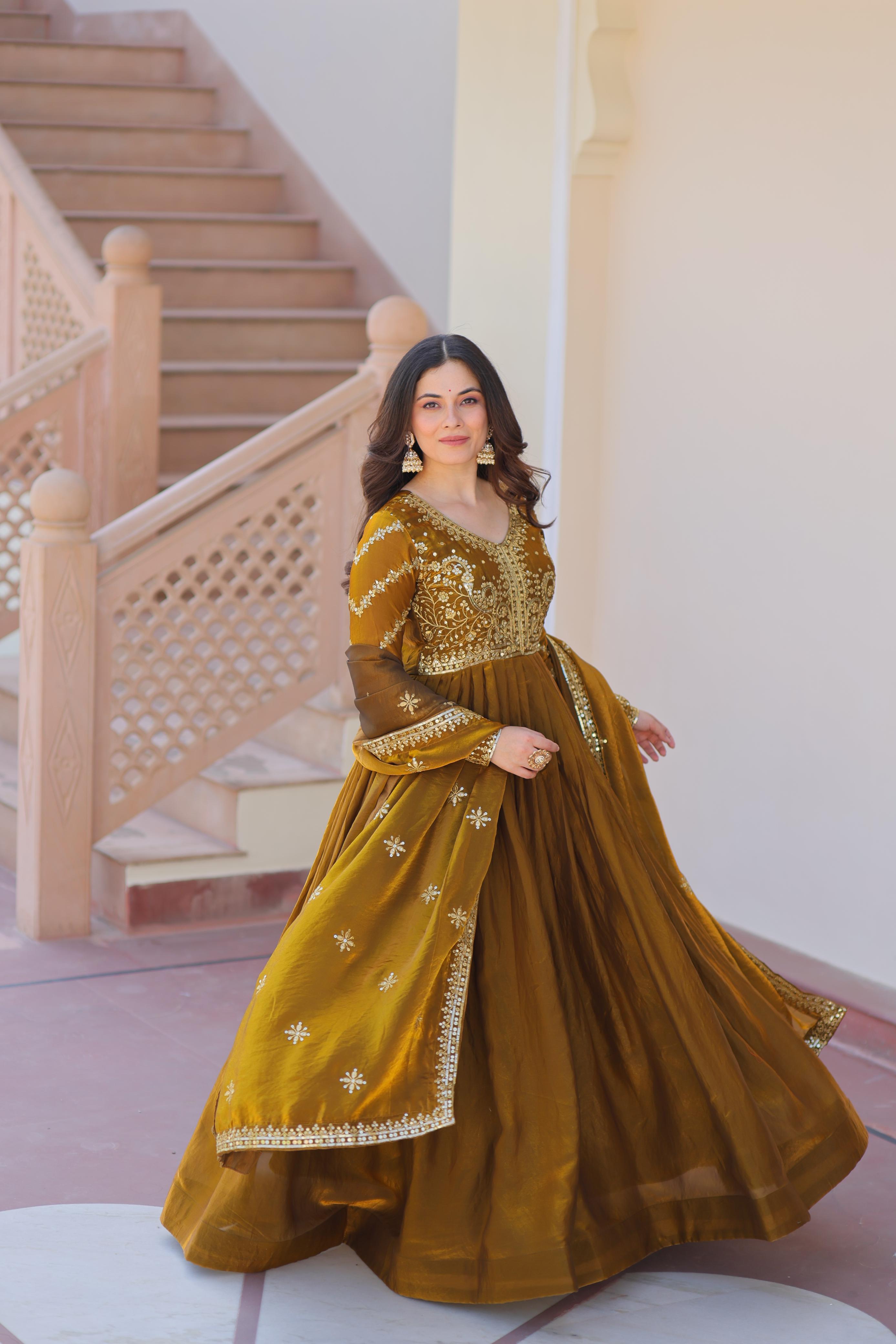 Fendy Fabric Designer Gown with Dupatta – Wedding Mehendi Wear