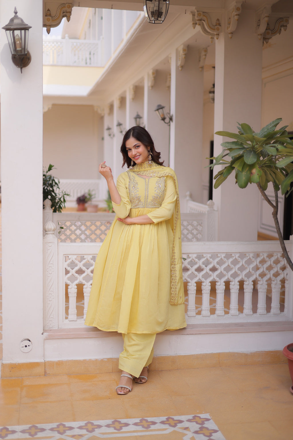 Mal Chanderi V-Neck Gown with Pant & Dupatta Set – Festive Wear