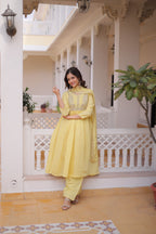 Mal Chanderi V-Neck Gown with Pant & Dupatta Set – Festive Wear