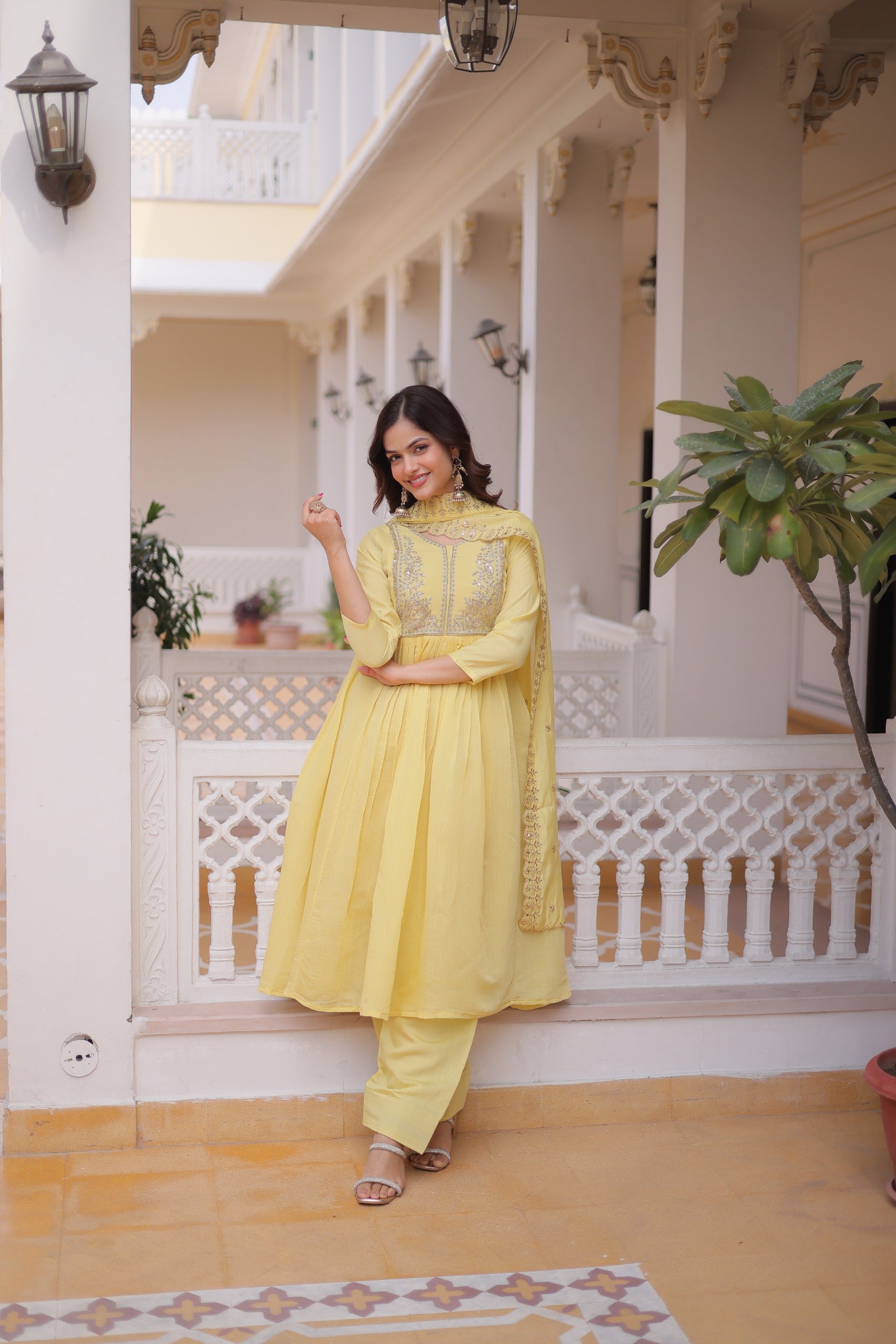 Mal Chanderi V-Neck Gown with Pant & Dupatta Set – Festive Wear
