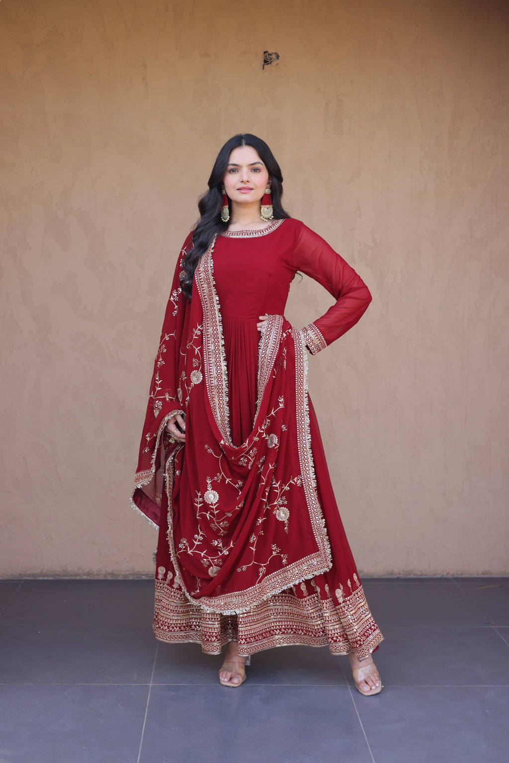 Maroon Embroidered Designer Gown with Dupatta – Wedding Reception Wear