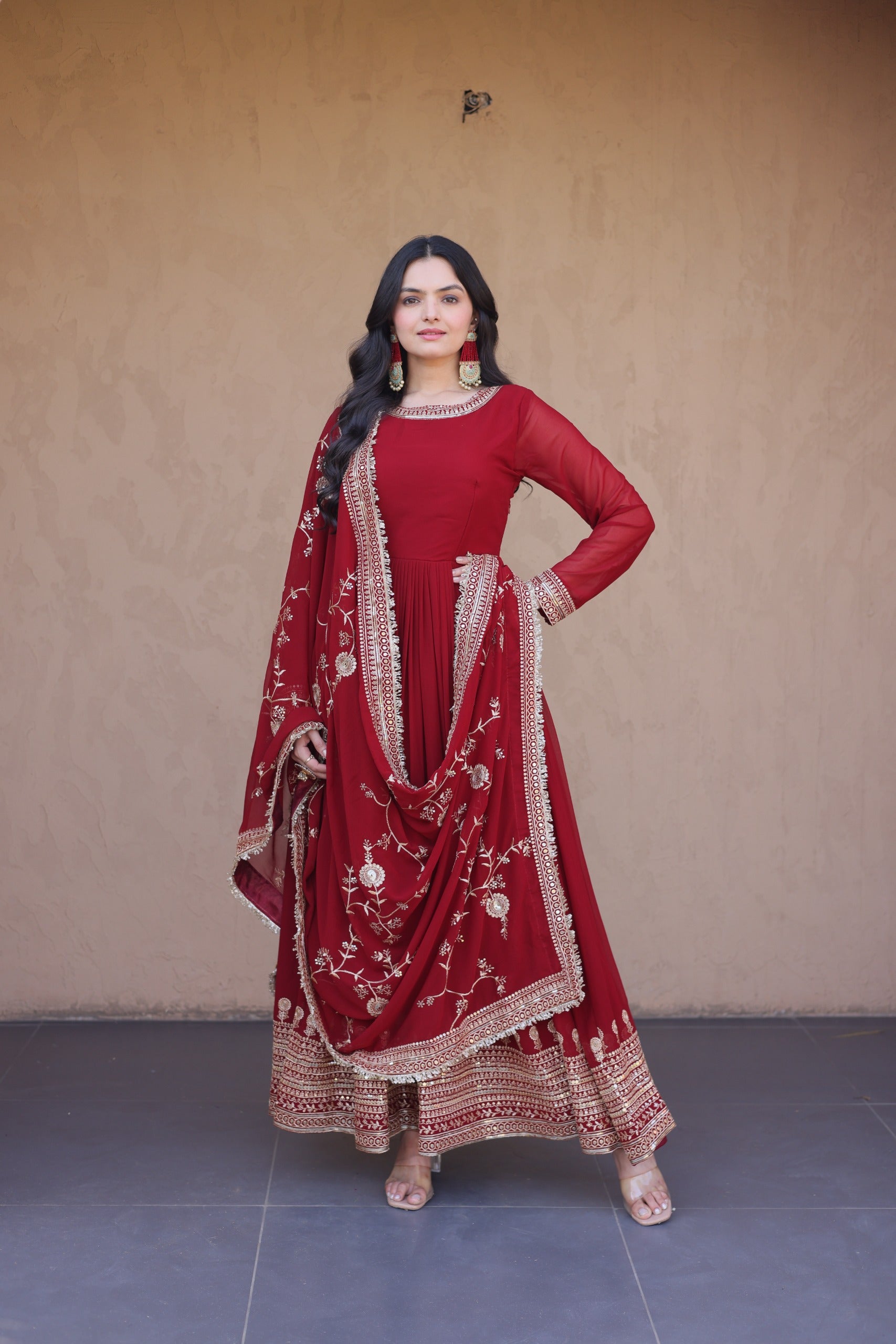 Maroon Embroidered Designer Gown with Dupatta – Wedding Reception Wear