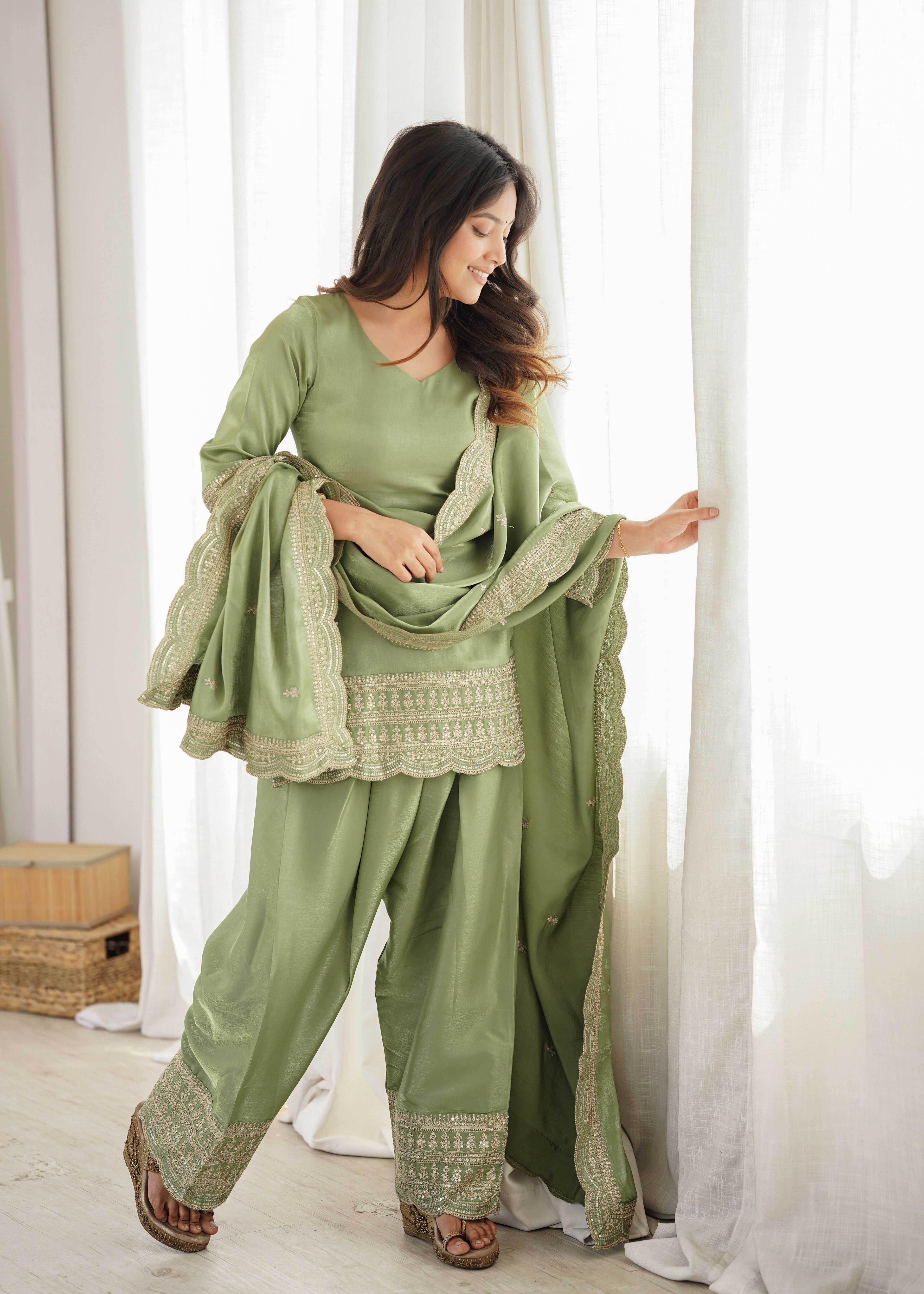 Glass Roman Silk Embroidered Top with Farshi Shalwar & Dupatta – Festive Wedding Wear