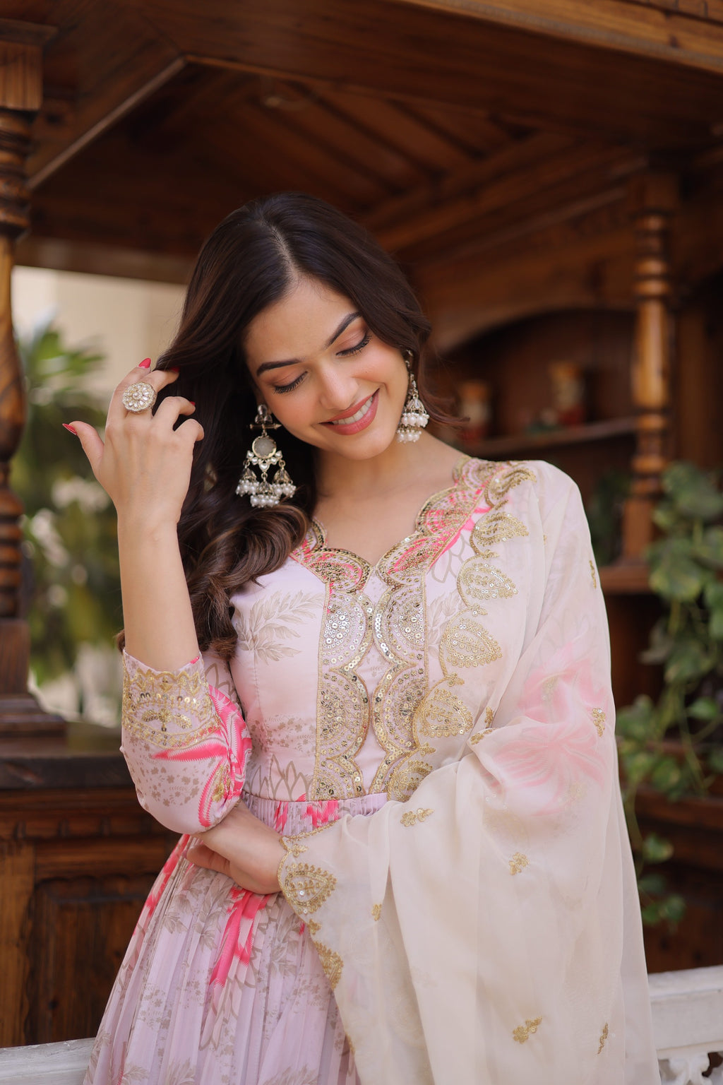 Pink Floral Anarkali Gown Set with Dupatta – Designer Party Wear