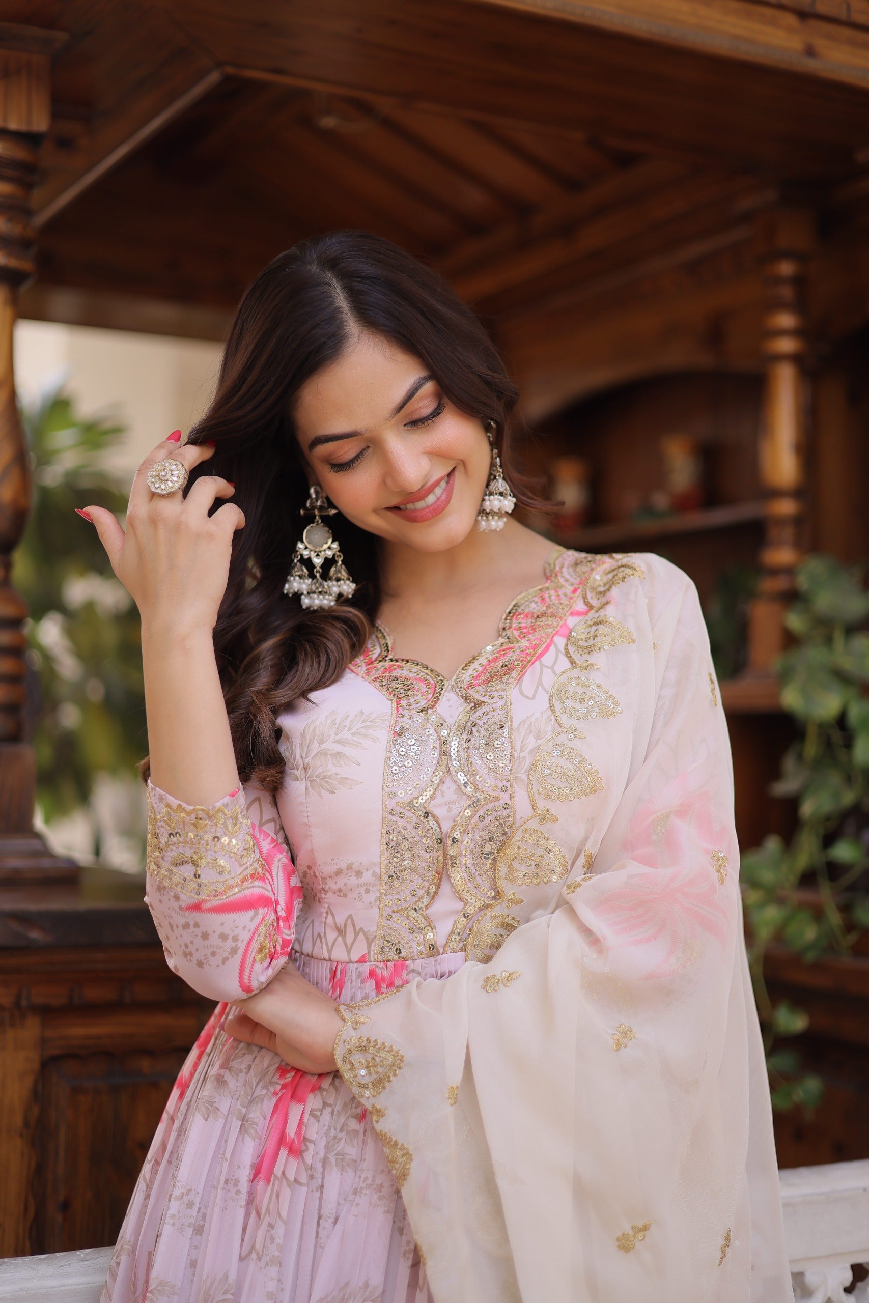 Pink Floral Anarkali Gown Set with Dupatta – Designer Party Wear