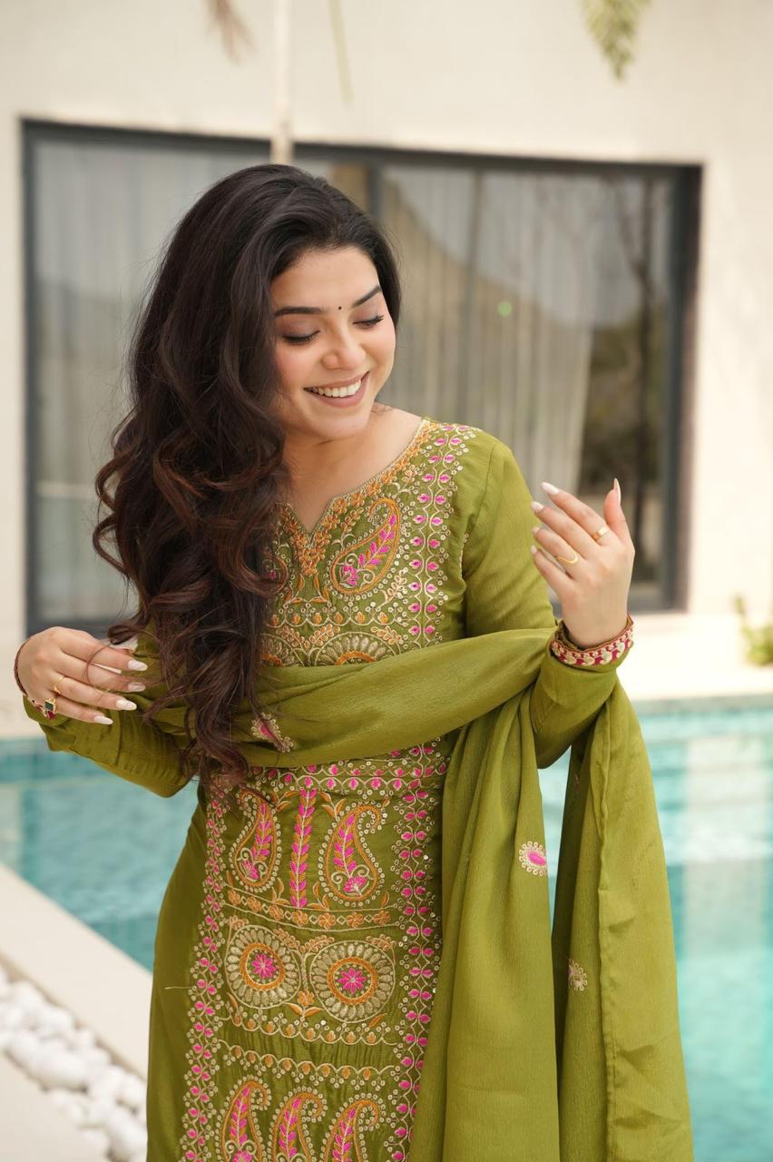 Chinnon Silk Top-Pant-Dupatta Set – Eid & Festive Party Wear