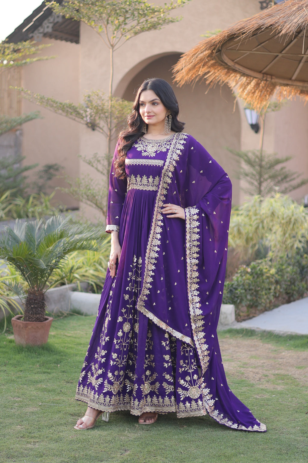 Purple Faux Blooming Georgette Gown with Dupatta – Wedding Reception