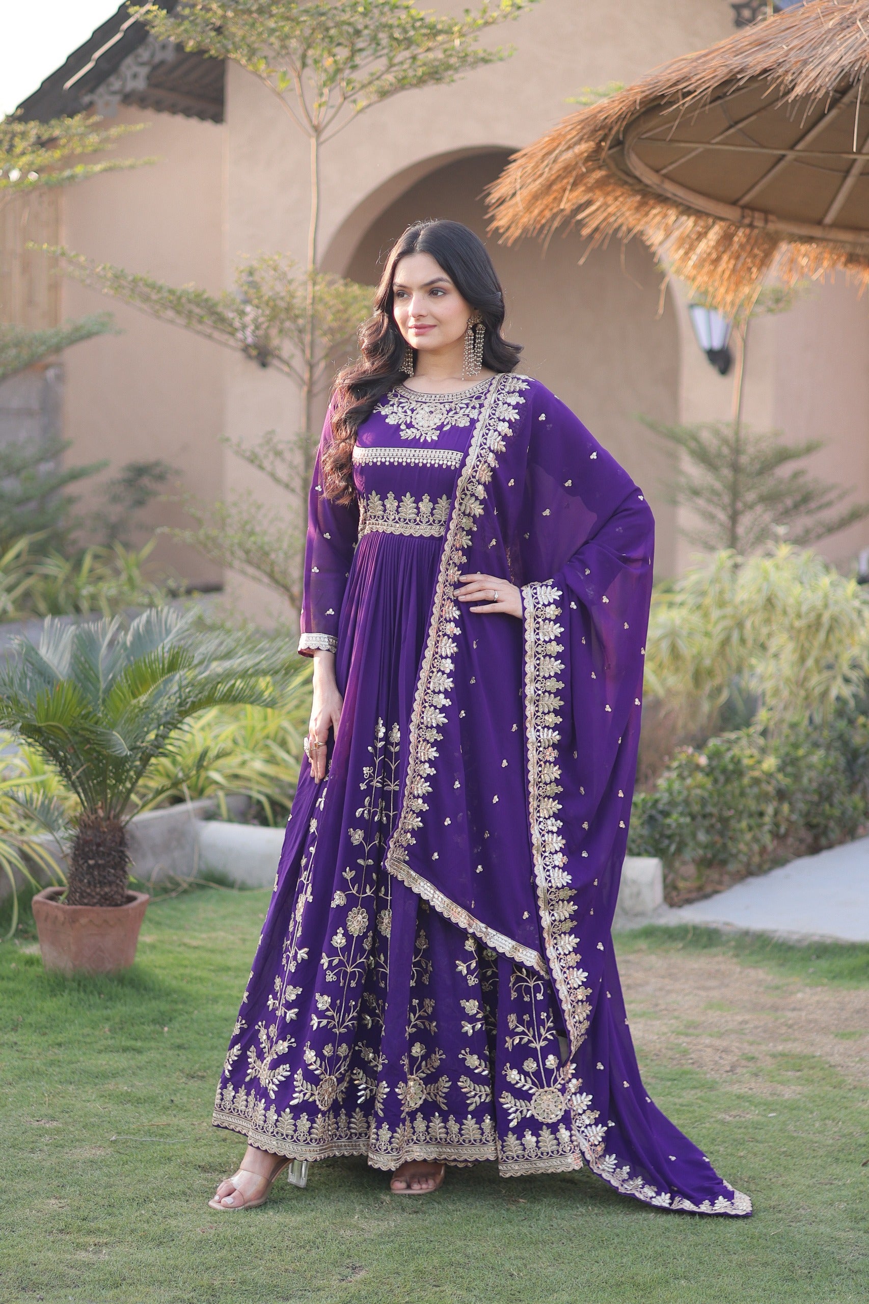 Purple Faux Blooming Georgette Gown with Dupatta – Wedding Reception