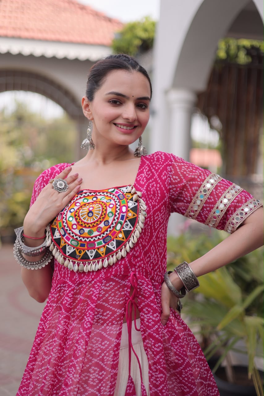 Navratri Kora Cotton Lehenga with Bandhani Kurti – Garba Wear